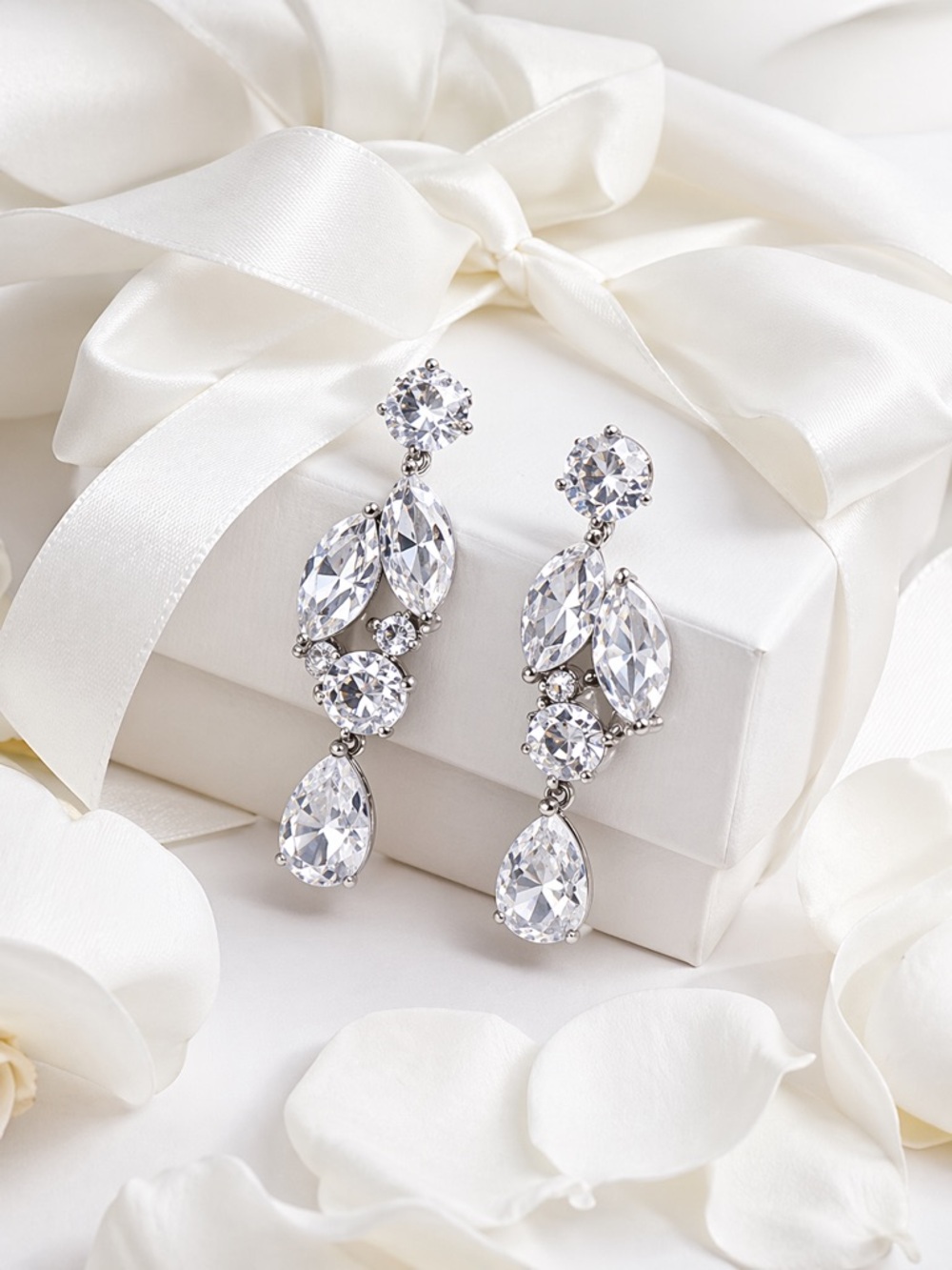 Mariell CZ Cascade Drop Earrings 4156E Silver Rhodium Bridal Wedding NWT Card